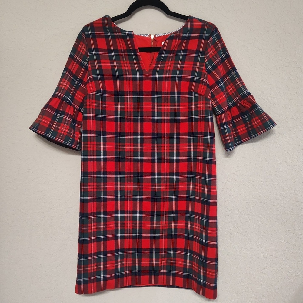 Vineyard Vines Shift Dress‎ Womens 2 Red Tartan Plaid Bell Sleeve Holiday V-Neck